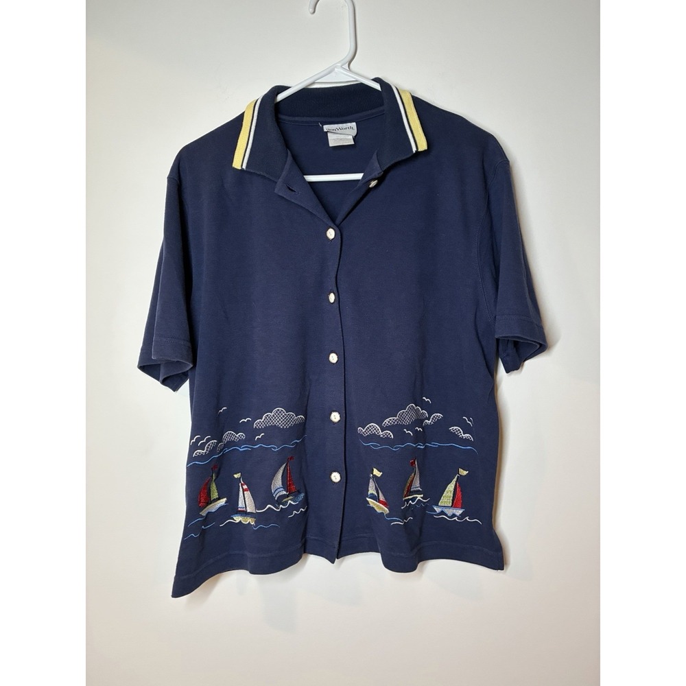 Women`s Bon Worth Navy Blue Button Shirt Embroidered Sail Boats Cottagecore S